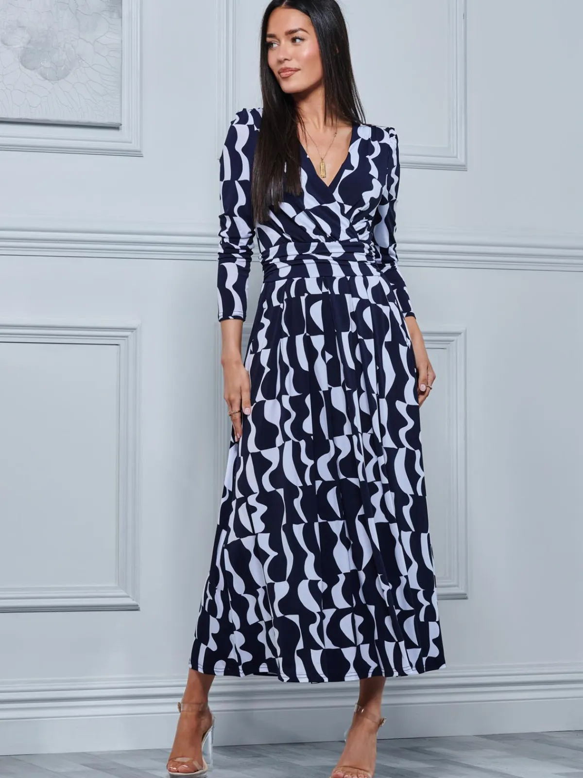 Jolie Moi Occasion Dresses|Weekend Casuals-Geometric Print Long Sleeve Maxi Dress, Navy Geo