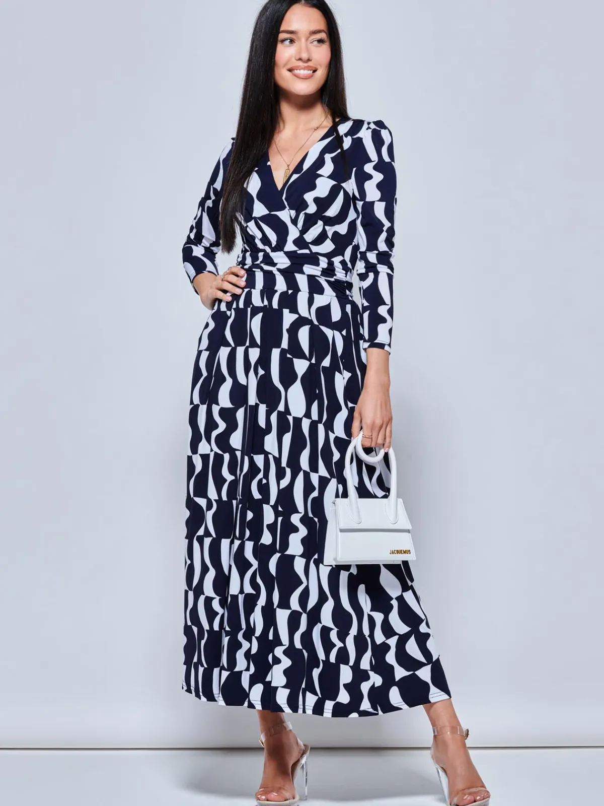 Jolie Moi Occasion Dresses|Weekend Casuals-Geometric Print Long Sleeve Maxi Dress, Navy Geo