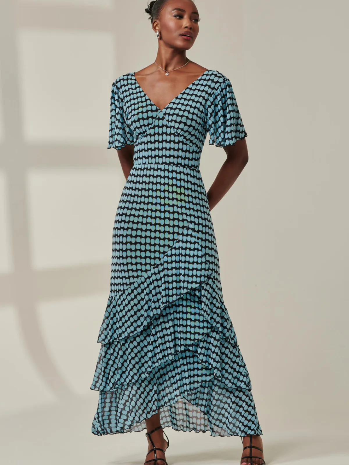 Jolie Moi Occasion Dresses|Maxi Dresses-Geo Print Tiered Maxi Dress, Blue Geo