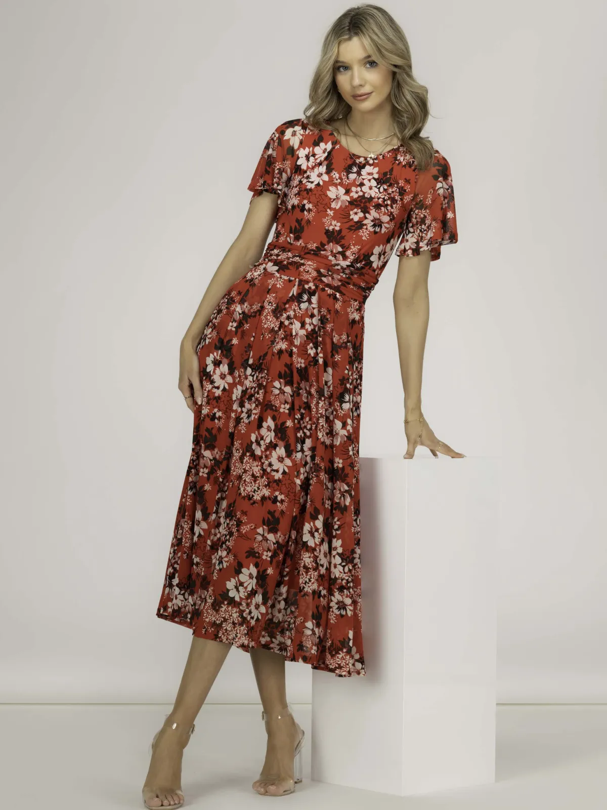 Jolie Moi Occasion Dresses|Floral Dresses-Giana Floral Midi Dress, Red Floral