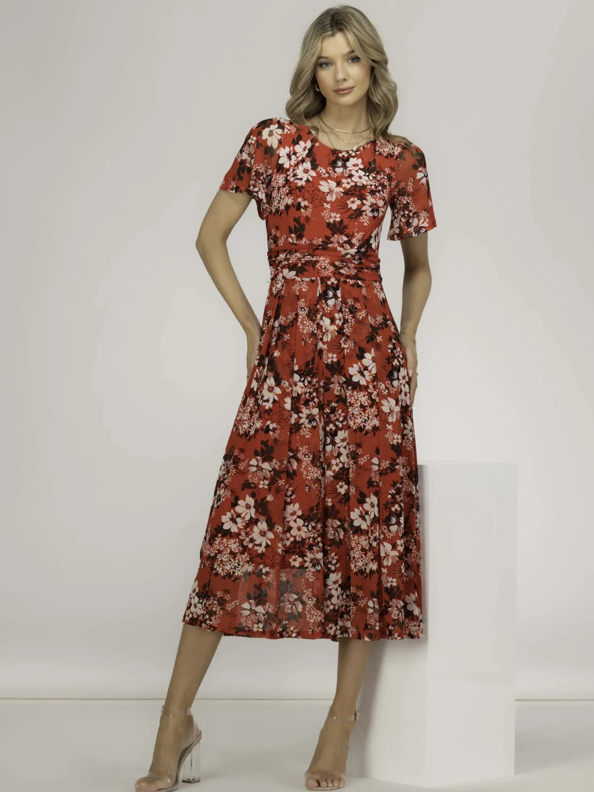 Jolie Moi Occasion Dresses|Floral Dresses-Giana Floral Midi Dress, Red Floral