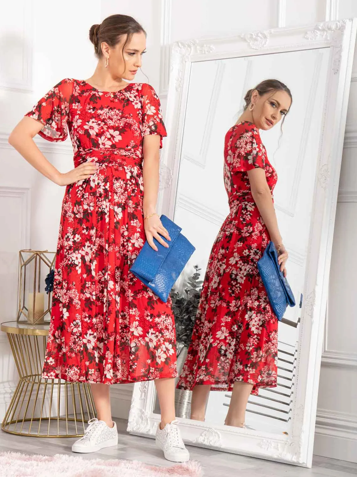 Jolie Moi Occasion Dresses|Floral Dresses-Giana Floral Midi Dress, Red Floral