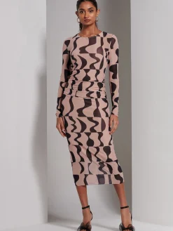 Jolie Moi Mesh Dresses|Weekend Casuals-Gionna Mesh Long Sleeve Midaxi Dress, Tan Brown