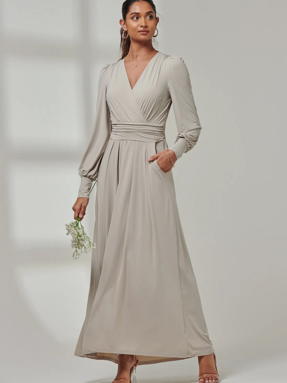 Jolie Moi Occasion Dresses|Long Sleeved Dresses-Giulia Long Sleeve Maxi Dress, Dove