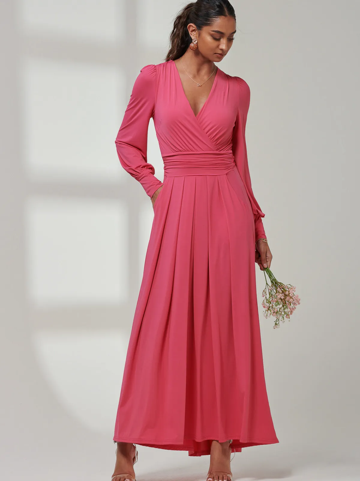 Jolie Moi Occasion Dresses|Long Sleeved Dresses-Giulia Long Sleeve Maxi Dress, Hot Pink