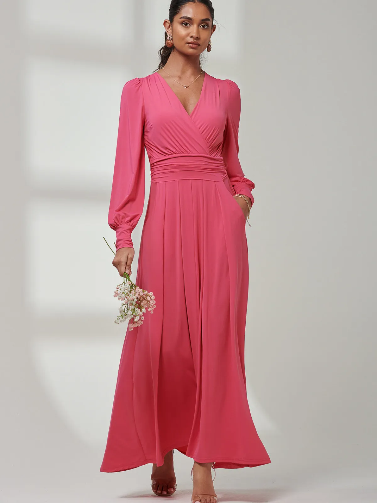 Jolie Moi Occasion Dresses|Long Sleeved Dresses-Giulia Long Sleeve Maxi Dress, Hot Pink