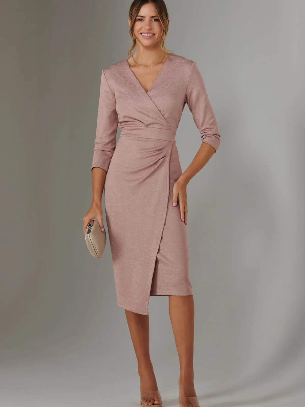 Jolie Moi Occasion Dresses|Wrap Dresses-Glitter Wrap Half Sleeve Bodycon Dress, Pink