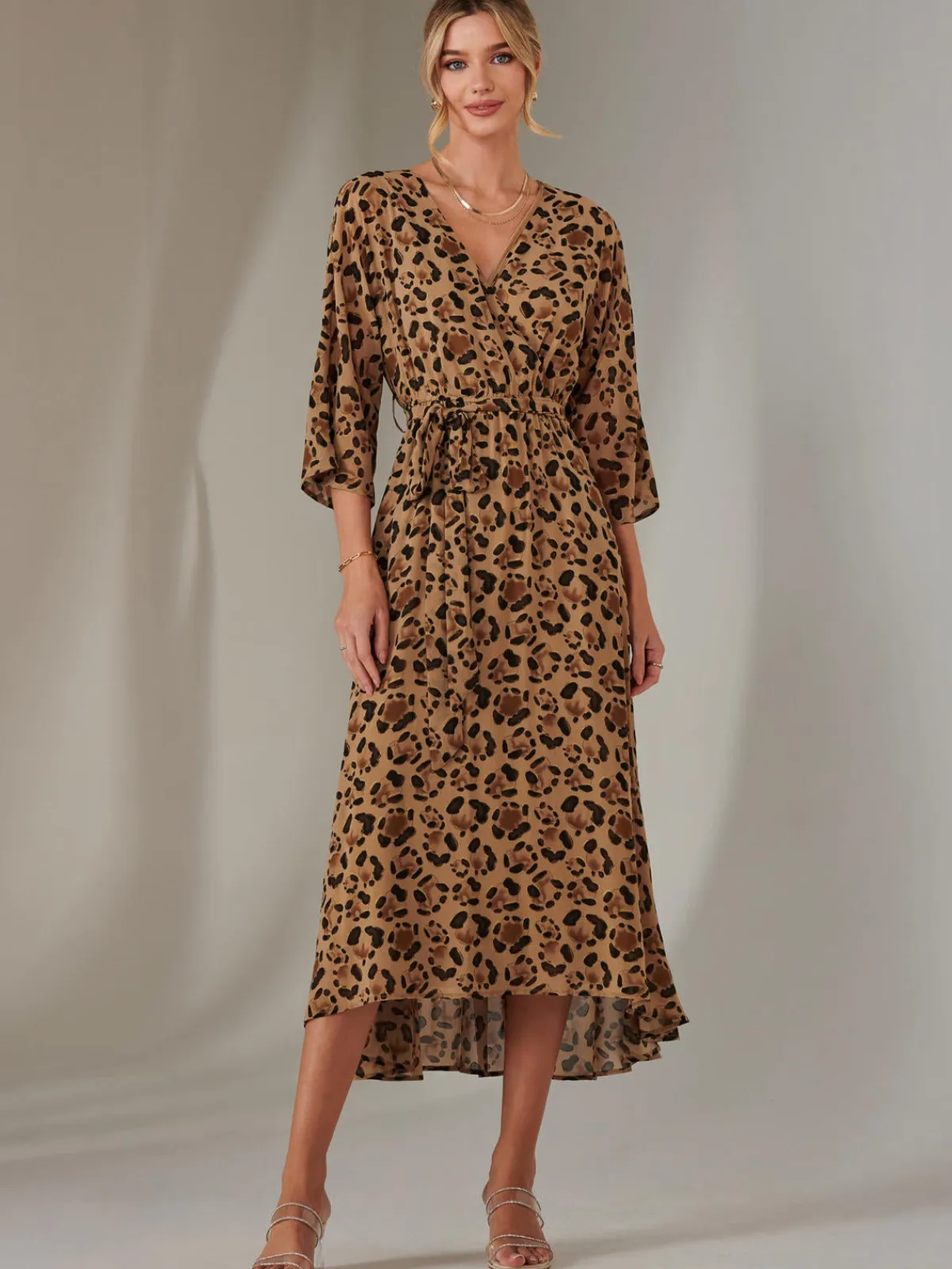Jolie Moi Occasion Dresses|Weekend Casuals-Gold Spot Printed Chiffon Maxi Dress, Brown Leopard