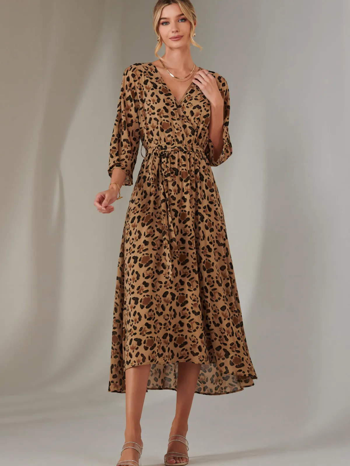 Jolie Moi Occasion Dresses|Weekend Casuals-Gold Spot Printed Chiffon Maxi Dress, Brown Leopard