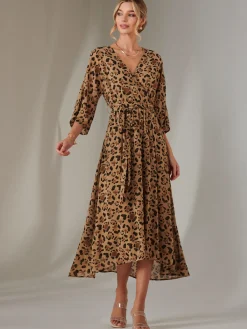 Jolie Moi Occasion Dresses|Weekend Casuals-Gold Spot Printed Chiffon Maxi Dress, Brown Leopard