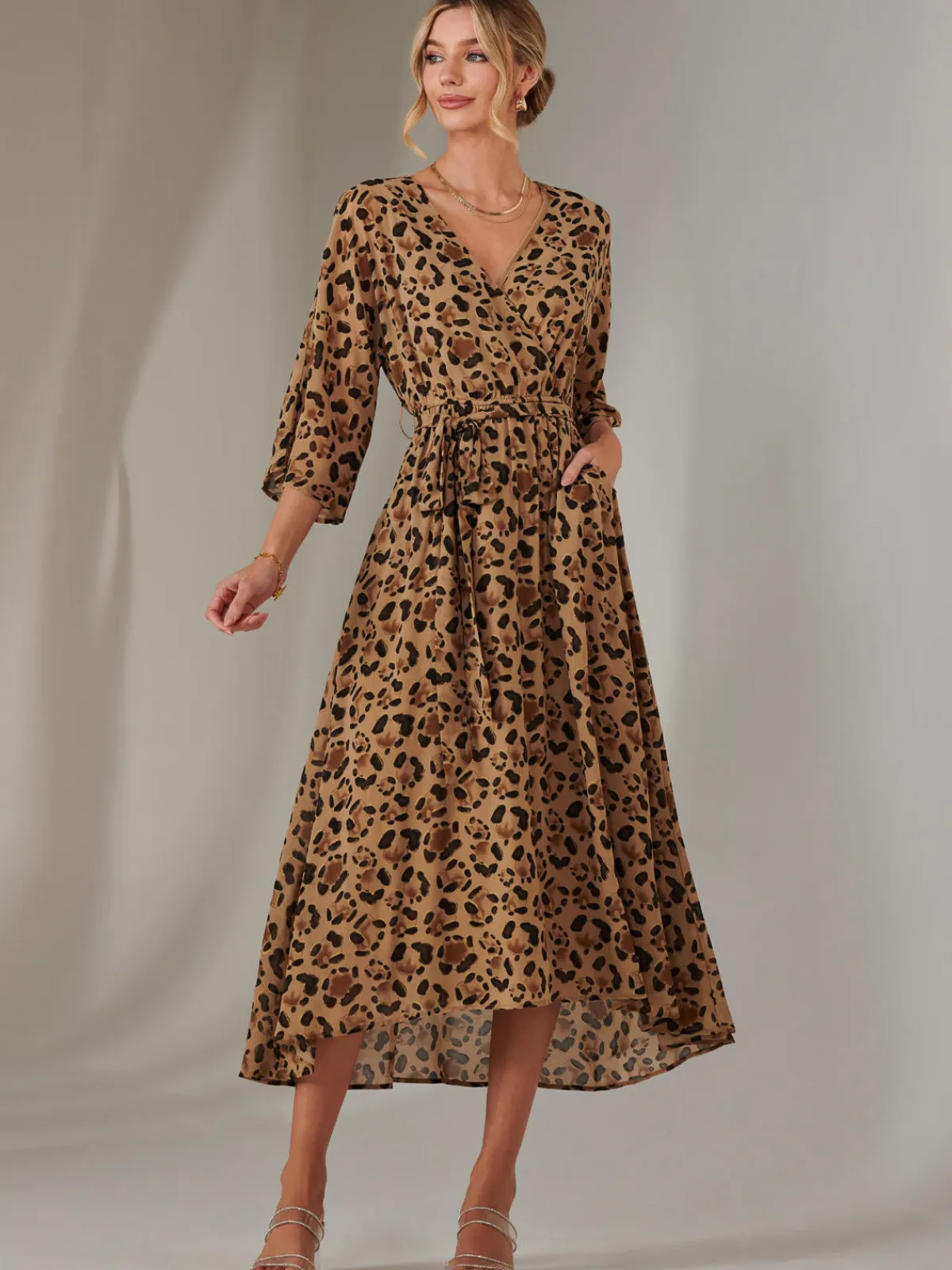Jolie Moi Occasion Dresses|Weekend Casuals-Gold Spot Printed Chiffon Maxi Dress, Brown Leopard