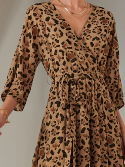 Jolie Moi Occasion Dresses|Weekend Casuals-Gold Spot Printed Chiffon Maxi Dress, Brown Leopard