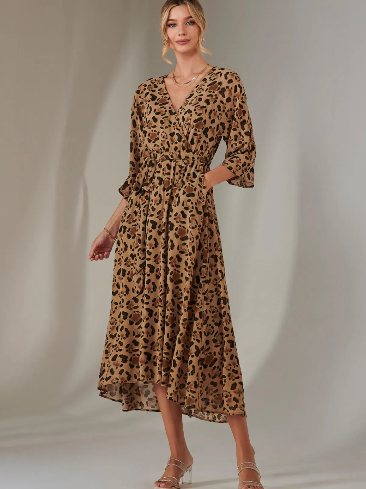 Jolie Moi Occasion Dresses|Weekend Casuals-Gold Spot Printed Chiffon Maxi Dress, Brown Leopard