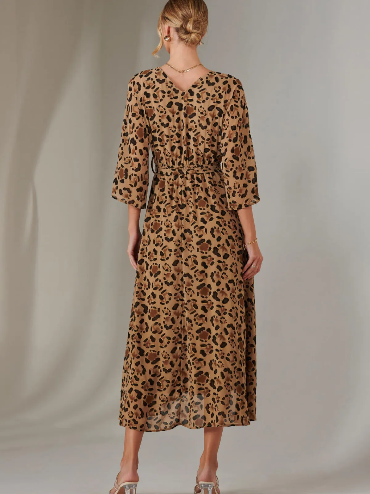 Jolie Moi Occasion Dresses|Weekend Casuals-Gold Spot Printed Chiffon Maxi Dress, Brown Leopard