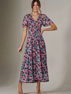 Jolie Moi Occasion Dresses|Floral Dresses-Gracelyn Wrap Front Mesh Maxi Dress, Teal Multi