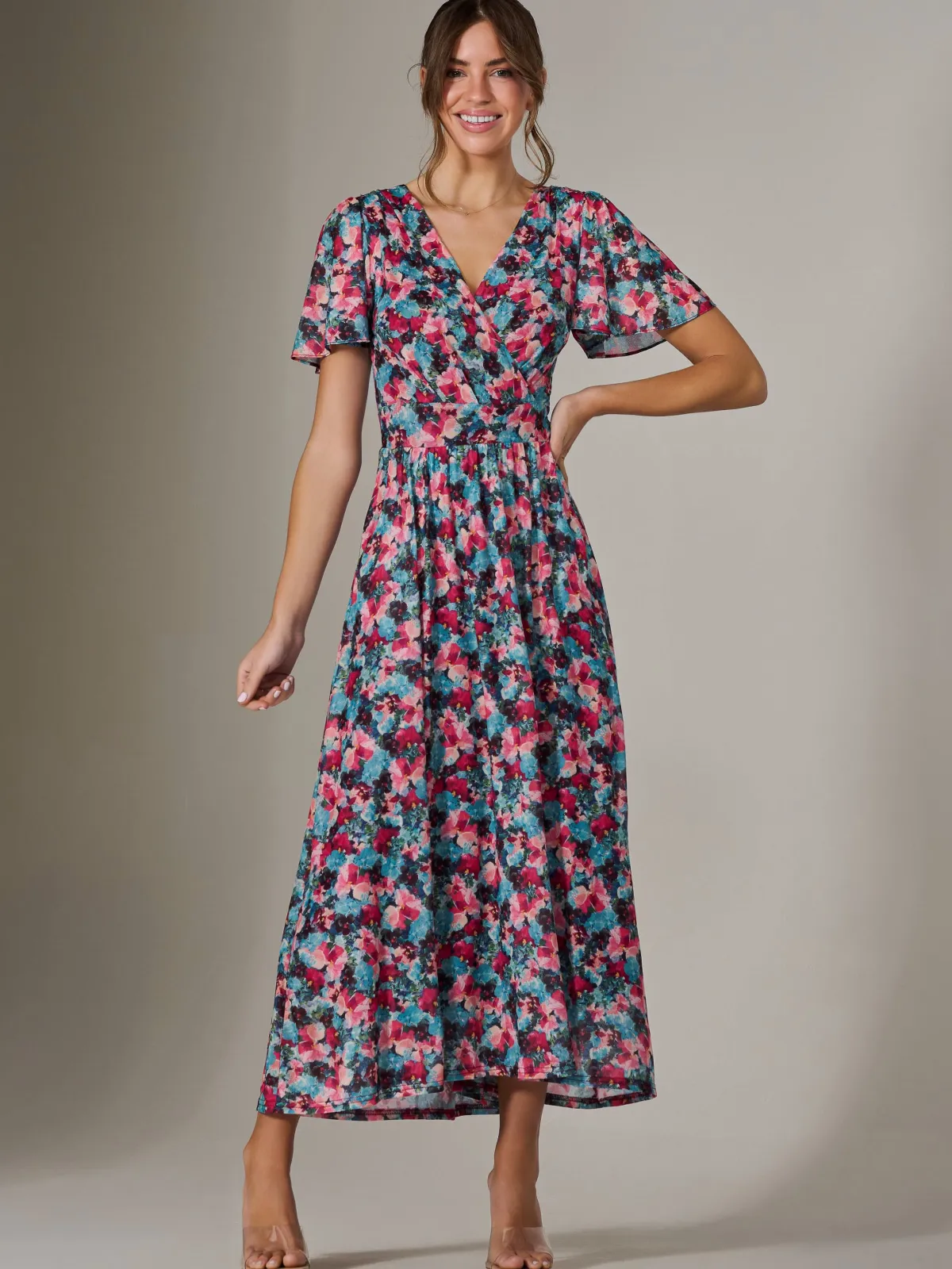 Jolie Moi Occasion Dresses|Floral Dresses-Gracelyn Wrap Front Mesh Maxi Dress, Teal Multi