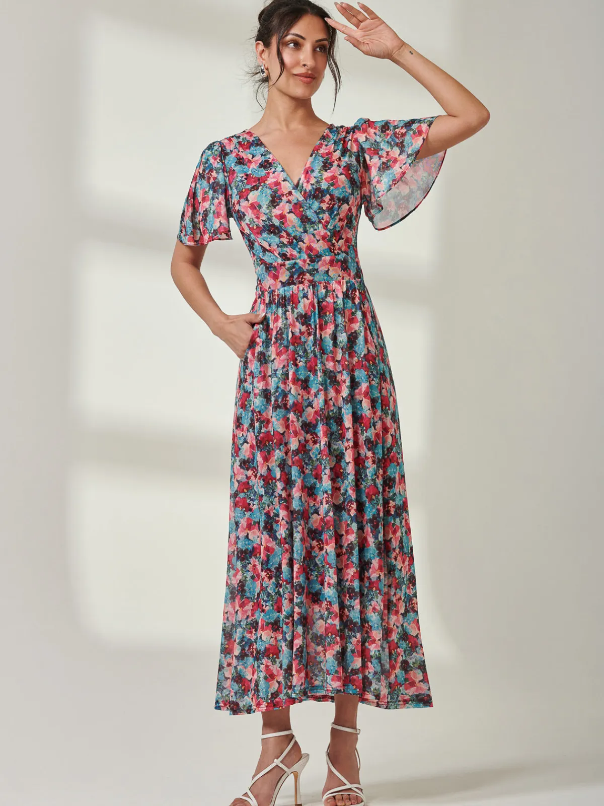 Jolie Moi Occasion Dresses|Floral Dresses-Gracelyn Wrap Front Mesh Maxi Dress, Teal Multi