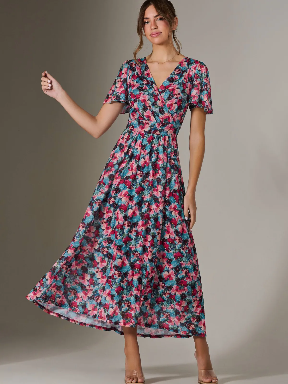 Jolie Moi Occasion Dresses|Floral Dresses-Gracelyn Wrap Front Mesh Maxi Dress, Teal Multi