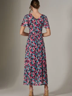 Jolie Moi Occasion Dresses|Floral Dresses-Gracelyn Wrap Front Mesh Maxi Dress, Teal Multi