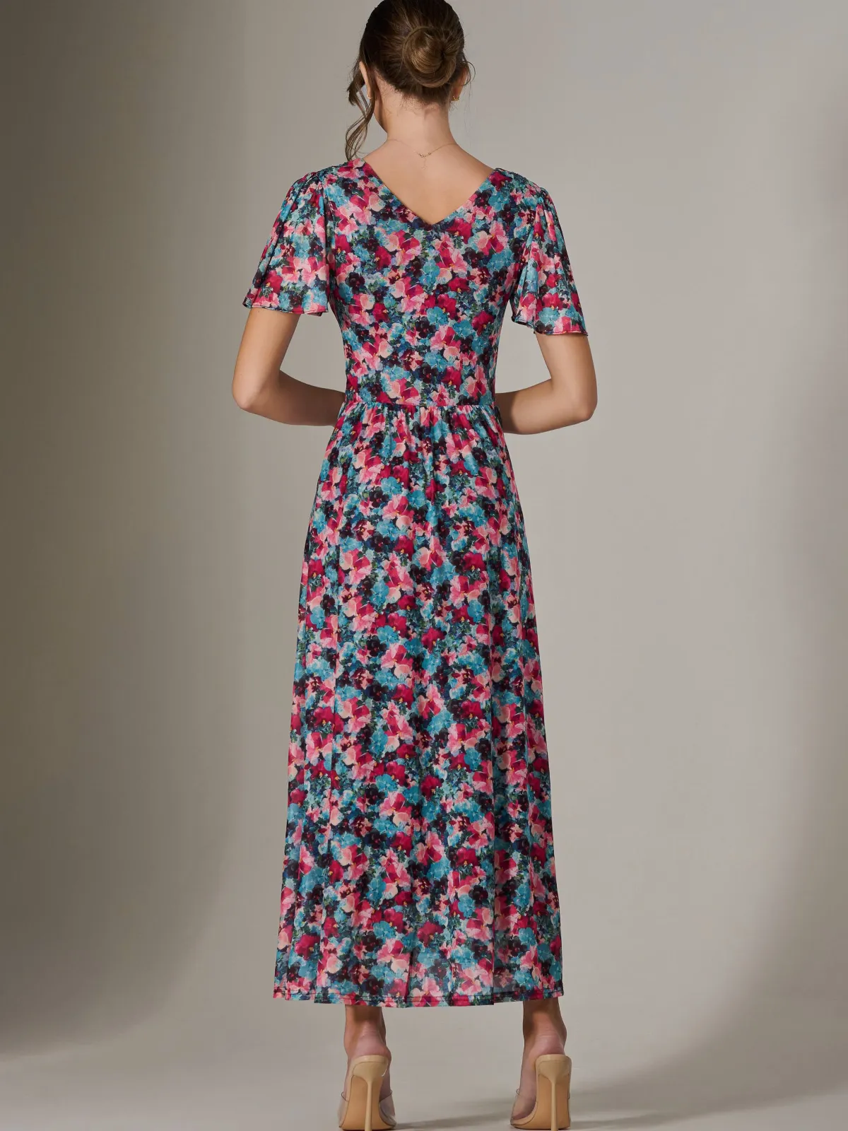 Jolie Moi Occasion Dresses|Floral Dresses-Gracelyn Wrap Front Mesh Maxi Dress, Teal Multi
