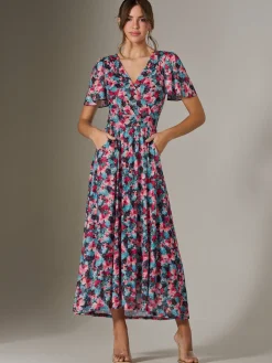 Jolie Moi Occasion Dresses|Floral Dresses-Gracelyn Wrap Front Mesh Maxi Dress, Teal Multi
