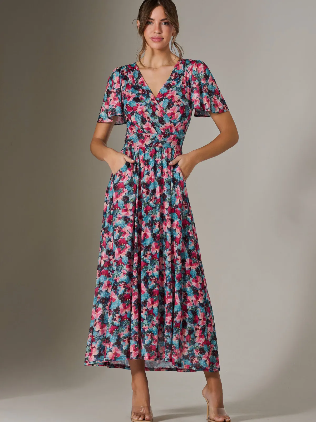 Jolie Moi Occasion Dresses|Floral Dresses-Gracelyn Wrap Front Mesh Maxi Dress, Teal Multi