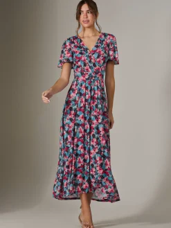 Jolie Moi Occasion Dresses|Floral Dresses-Gracelyn Wrap Front Mesh Maxi Dress, Teal Multi