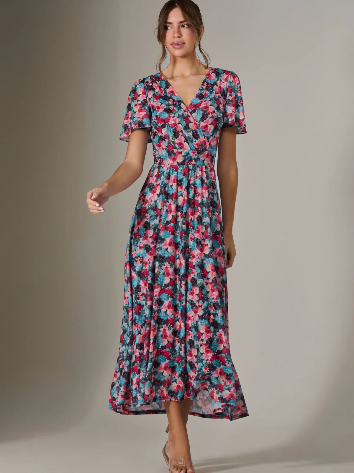 Jolie Moi Occasion Dresses|Floral Dresses-Gracelyn Wrap Front Mesh Maxi Dress, Teal Multi