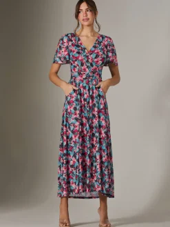 Jolie Moi Occasion Dresses|Floral Dresses-Gracelyn Wrap Front Mesh Maxi Dress, Teal Multi