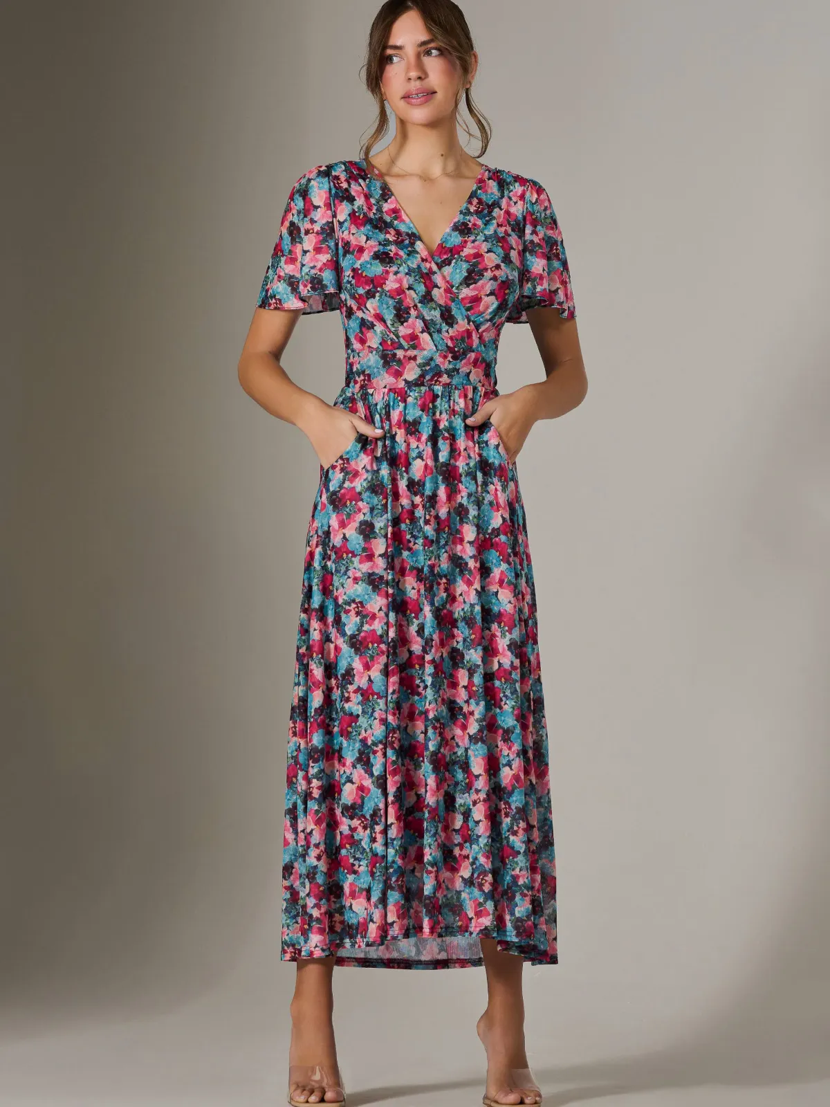 Jolie Moi Occasion Dresses|Floral Dresses-Gracelyn Wrap Front Mesh Maxi Dress, Teal Multi
