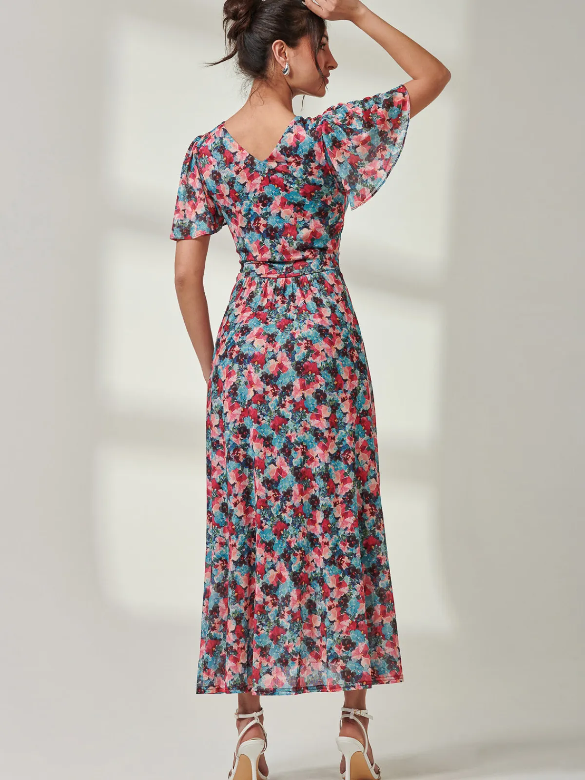 Jolie Moi Occasion Dresses|Floral Dresses-Gracelyn Wrap Front Mesh Maxi Dress, Teal Multi