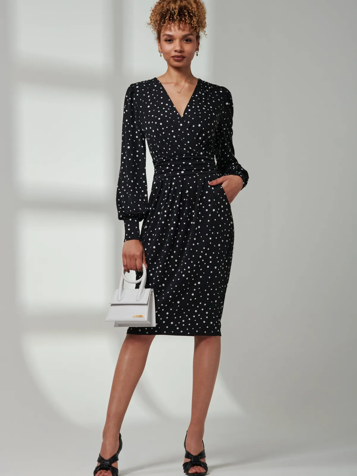 Jolie Moi Occasion Dresses|Weekend Casuals-Gwen Print Long Sleeve Pegged Dress, Black Spot
