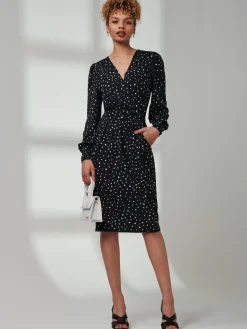 Jolie Moi Occasion Dresses|Weekend Casuals-Gwen Print Long Sleeve Pegged Dress, Black Spot
