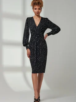 Jolie Moi Occasion Dresses|Weekend Casuals-Gwen Print Long Sleeve Pegged Dress, Black Spot