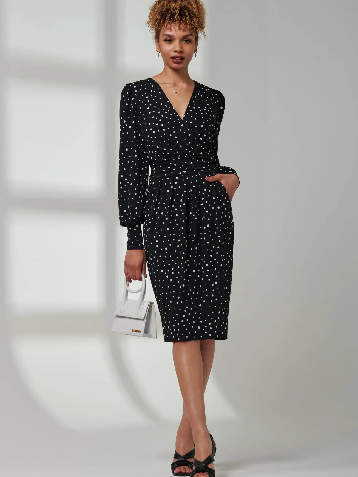 Jolie Moi Occasion Dresses|Weekend Casuals-Gwen Print Long Sleeve Pegged Dress, Black Spot