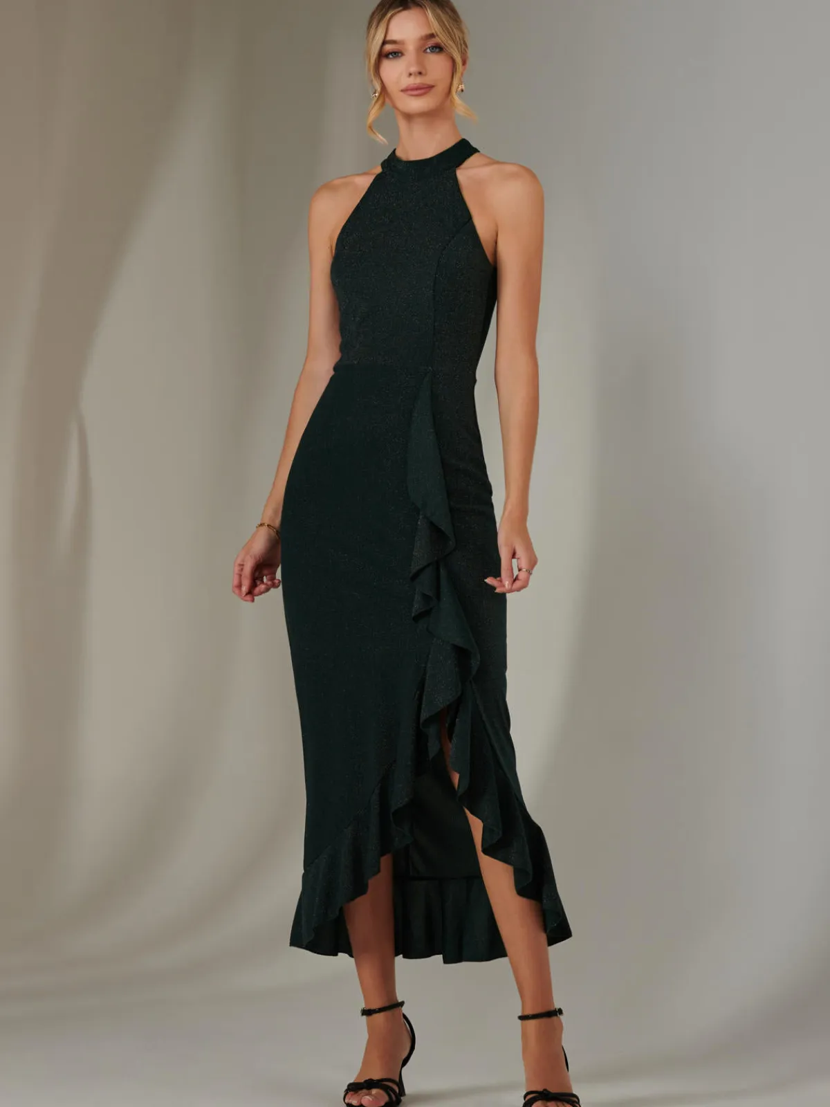 Jolie Moi Occasion Dresses|Sleeveless Dresses-Halter Neck Frill Jersey Maxi Dress, Dark Green