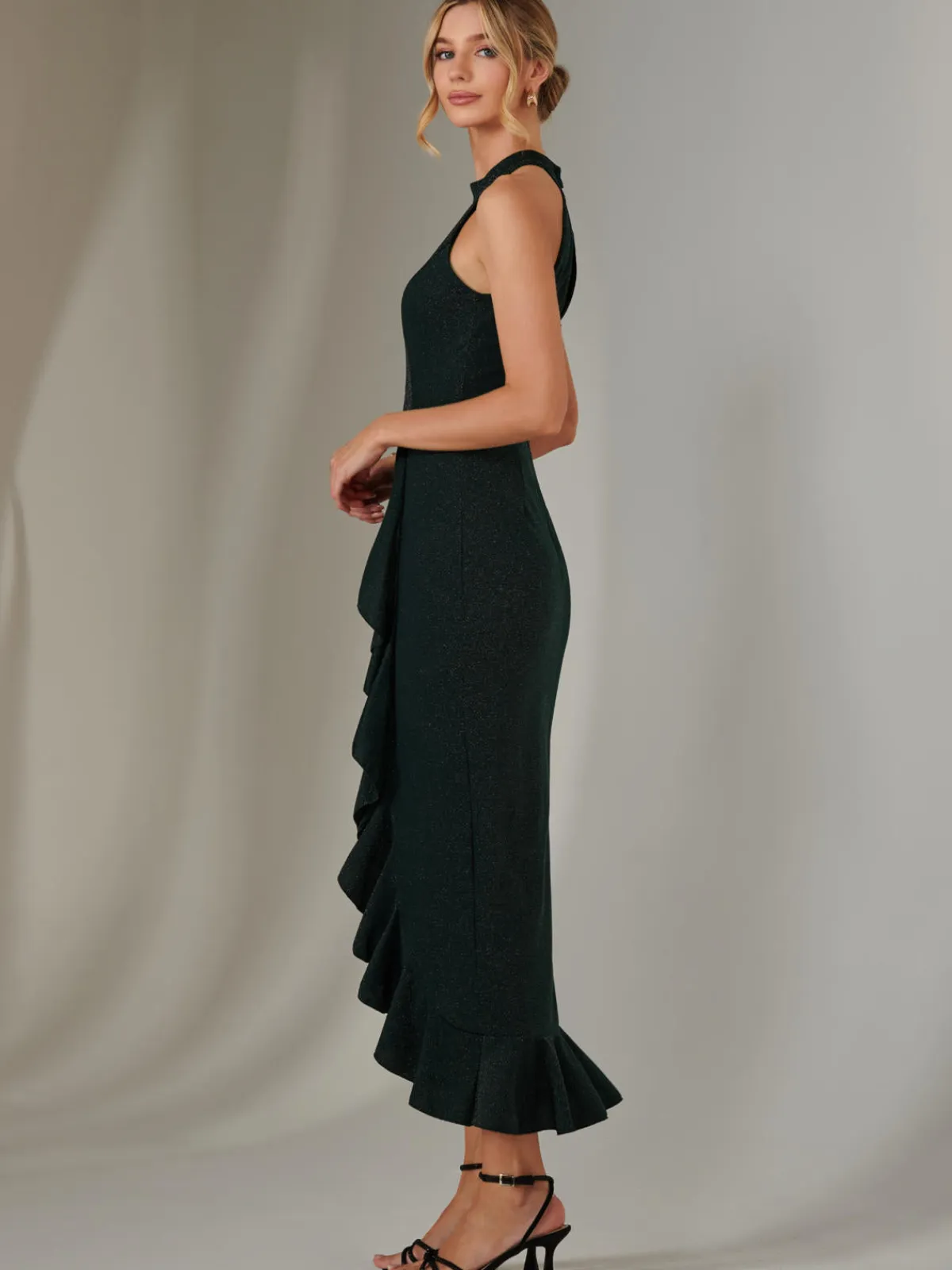 Jolie Moi Occasion Dresses|Sleeveless Dresses-Halter Neck Frill Jersey Maxi Dress, Dark Green
