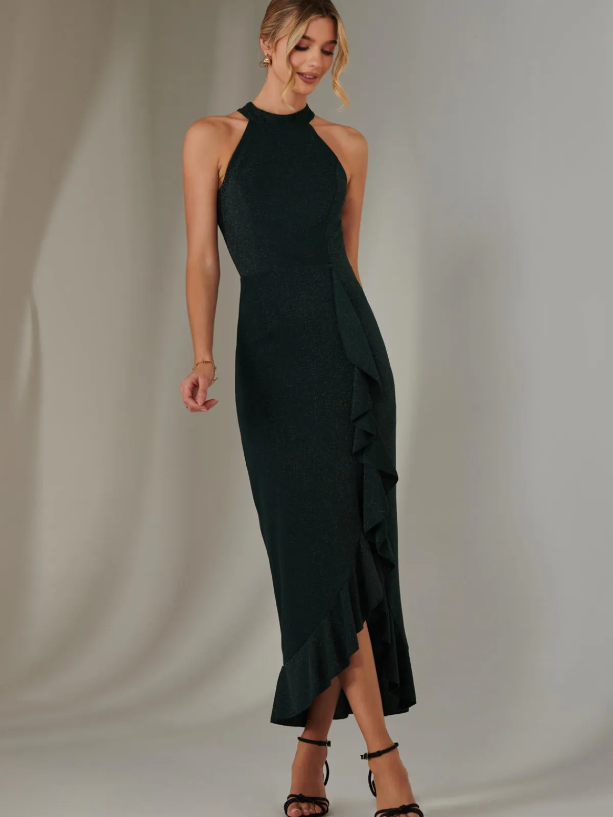 Jolie Moi Occasion Dresses|Sleeveless Dresses-Halter Neck Frill Jersey Maxi Dress, Dark Green