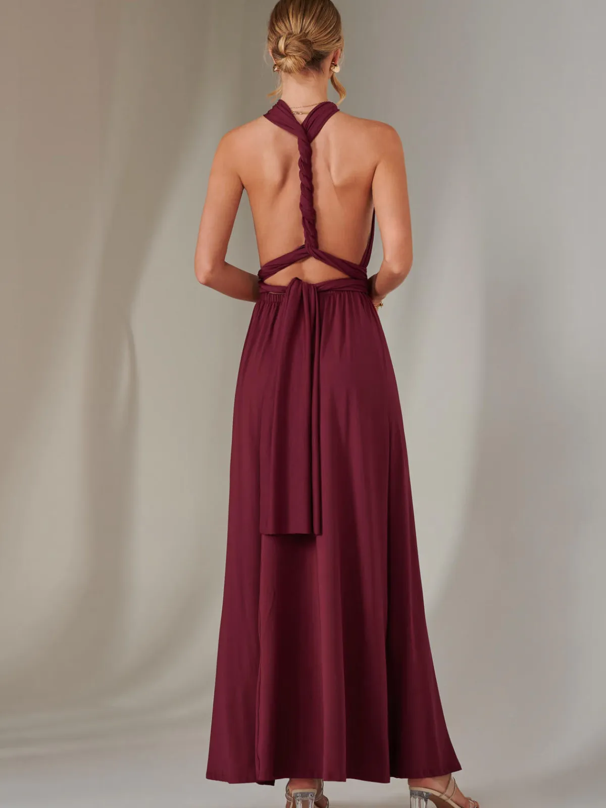 Jolie Moi Occasion Dresses|Wrap Dresses-Halter Neck Maxi Bridesmaid Dress, Burgundy