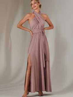 Jolie Moi Occasion Dresses|Sleeveless Dresses-Halter Neck Maxi Bridesmaid Dress, Dusty Pink
