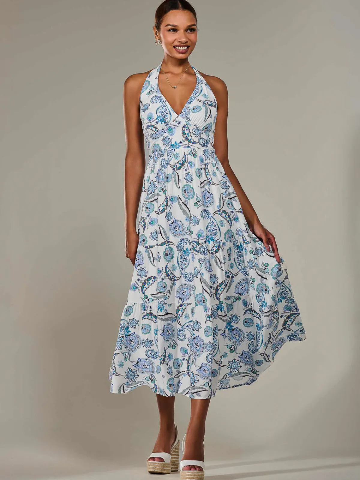 Jolie Moi Occasion Dresses|Sleeveless Dresses-Halter Neck Maxi Dress, Blue Paisley