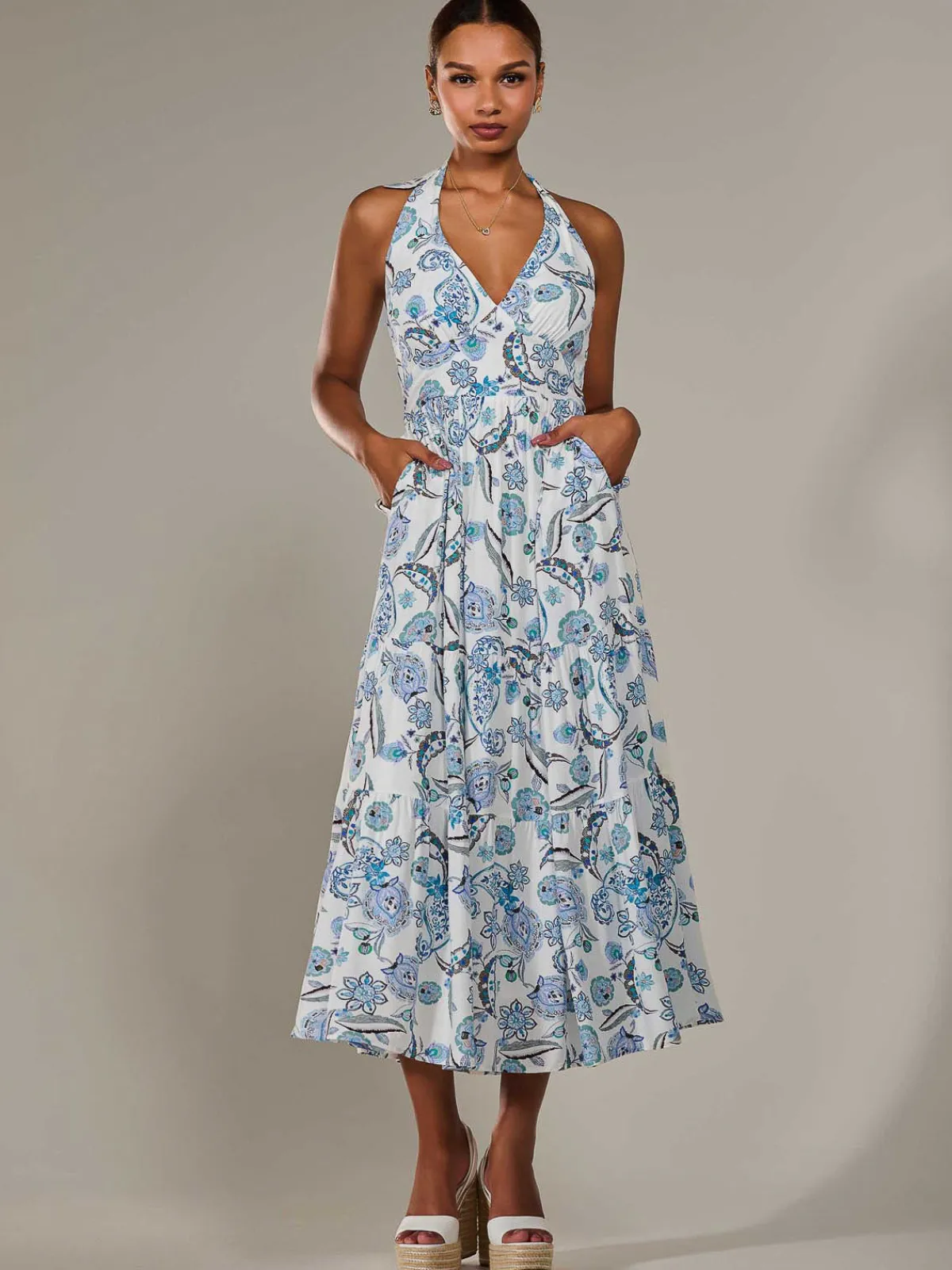 Jolie Moi Occasion Dresses|Sleeveless Dresses-Halter Neck Maxi Dress, Blue Paisley