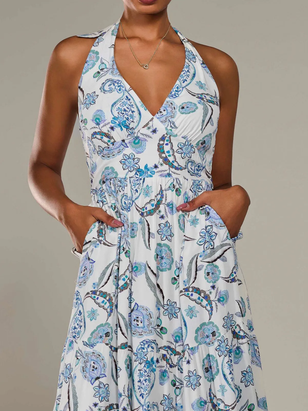 Jolie Moi Occasion Dresses|Sleeveless Dresses-Halter Neck Maxi Dress, Blue Paisley
