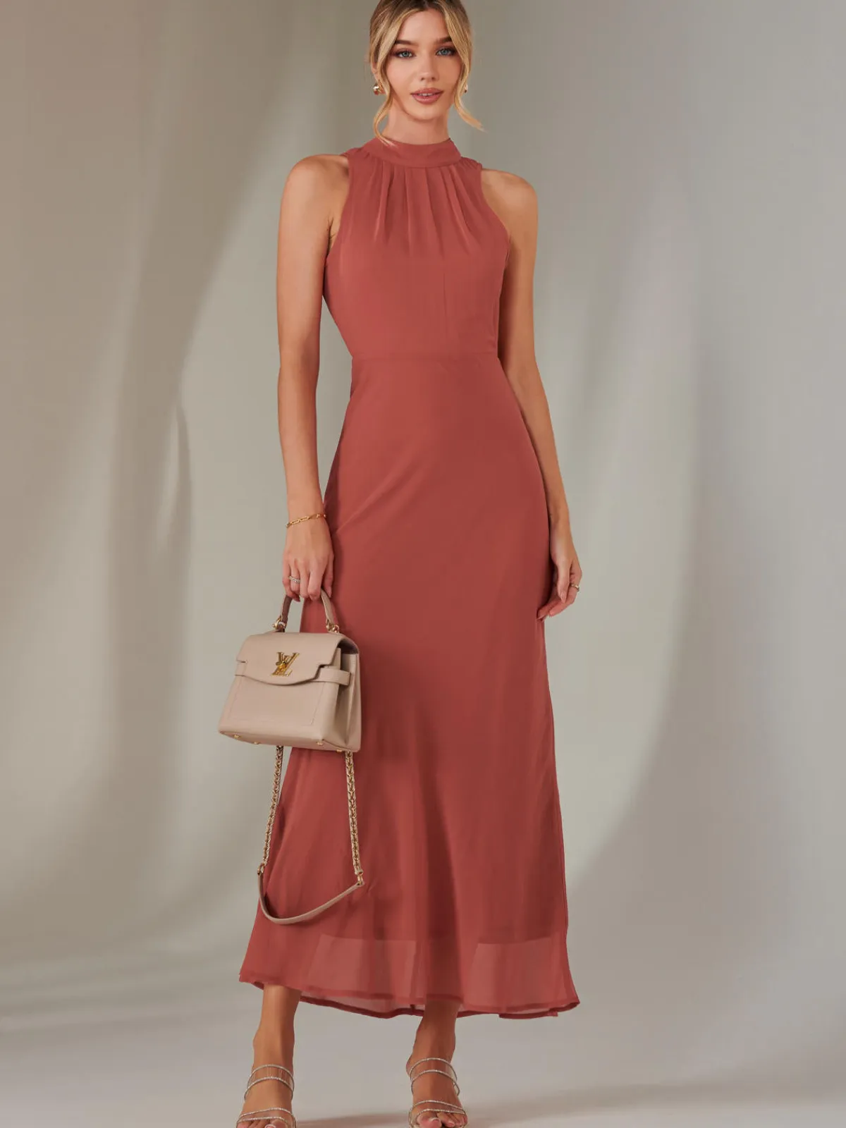 Jolie Moi Occasion Dresses|Sleeveless Dresses-Halter Neck Open Back Chiffon Maxi Dress, Dark Coral