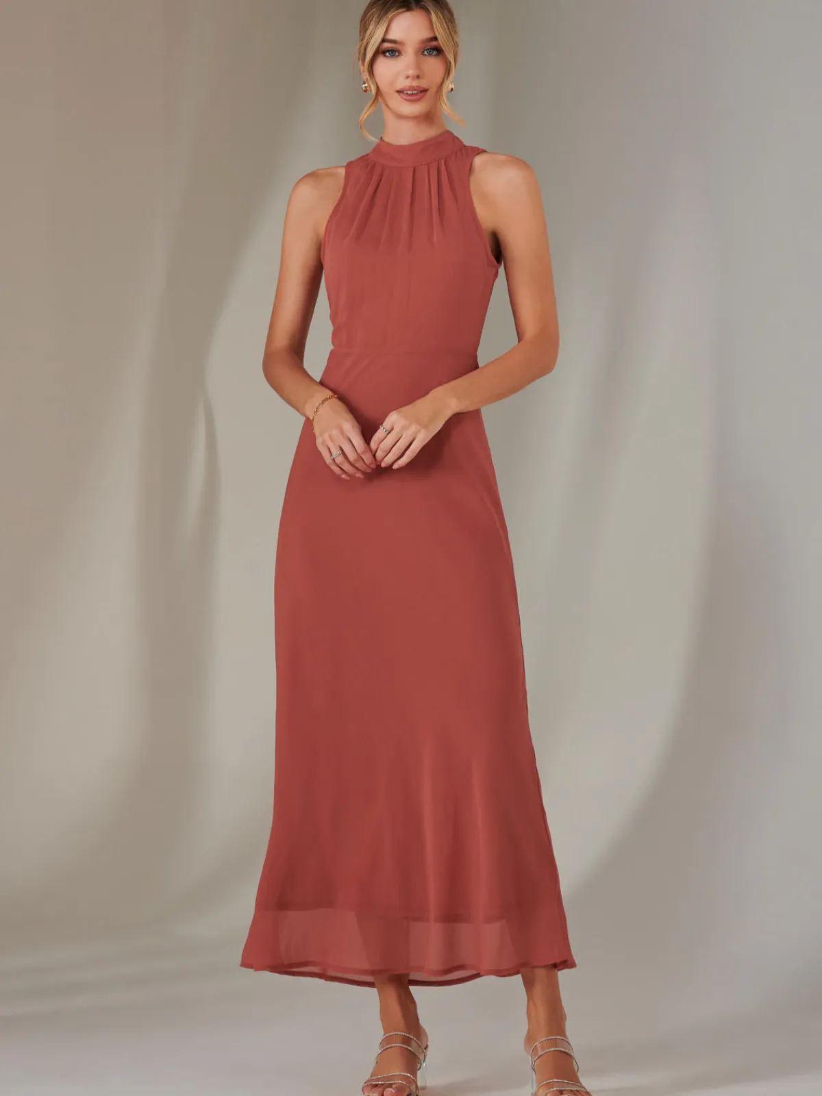 Jolie Moi Occasion Dresses|Sleeveless Dresses-Halter Neck Open Back Chiffon Maxi Dress, Dark Coral