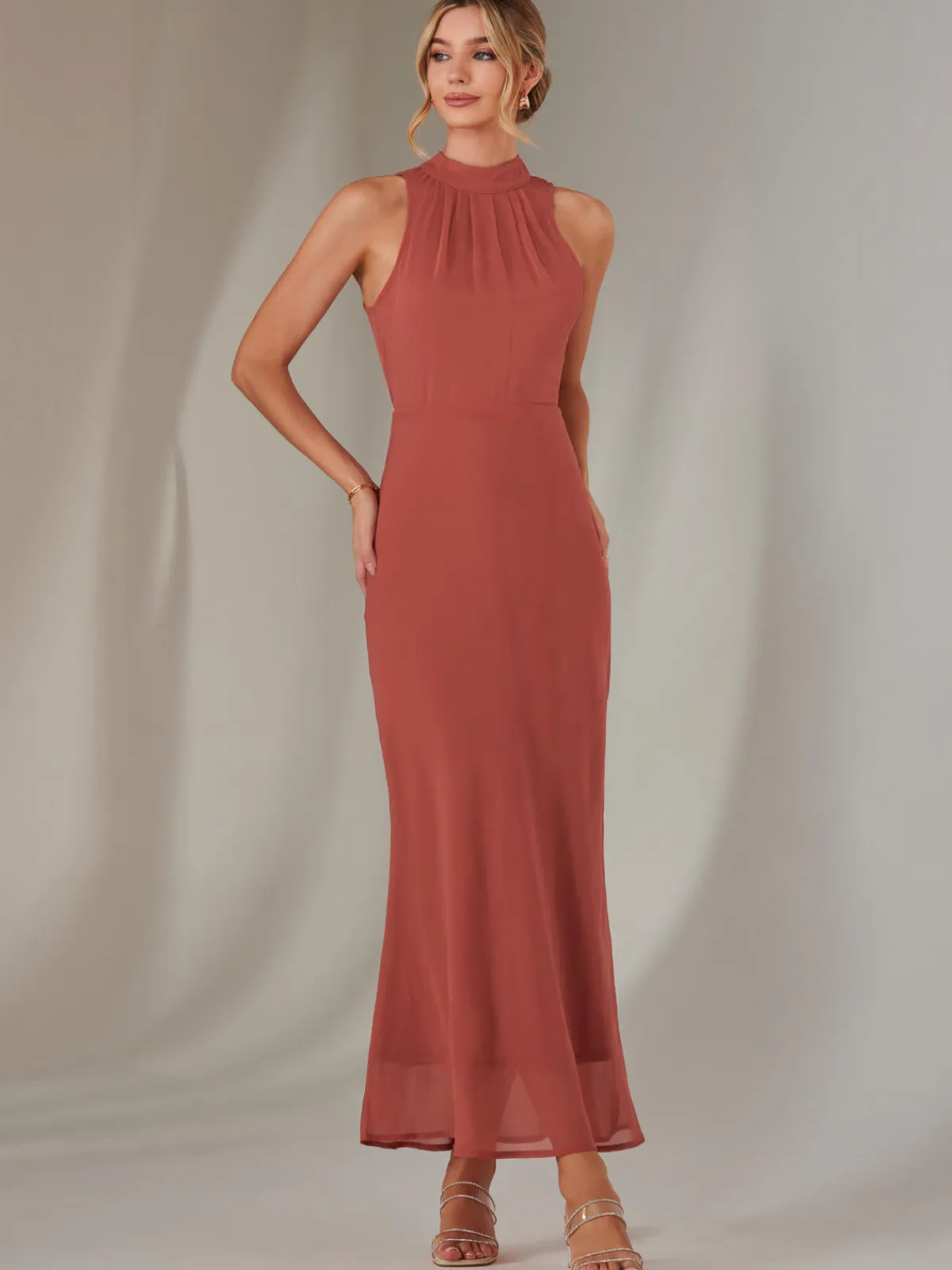 Jolie Moi Occasion Dresses|Sleeveless Dresses-Halter Neck Open Back Chiffon Maxi Dress, Dark Coral