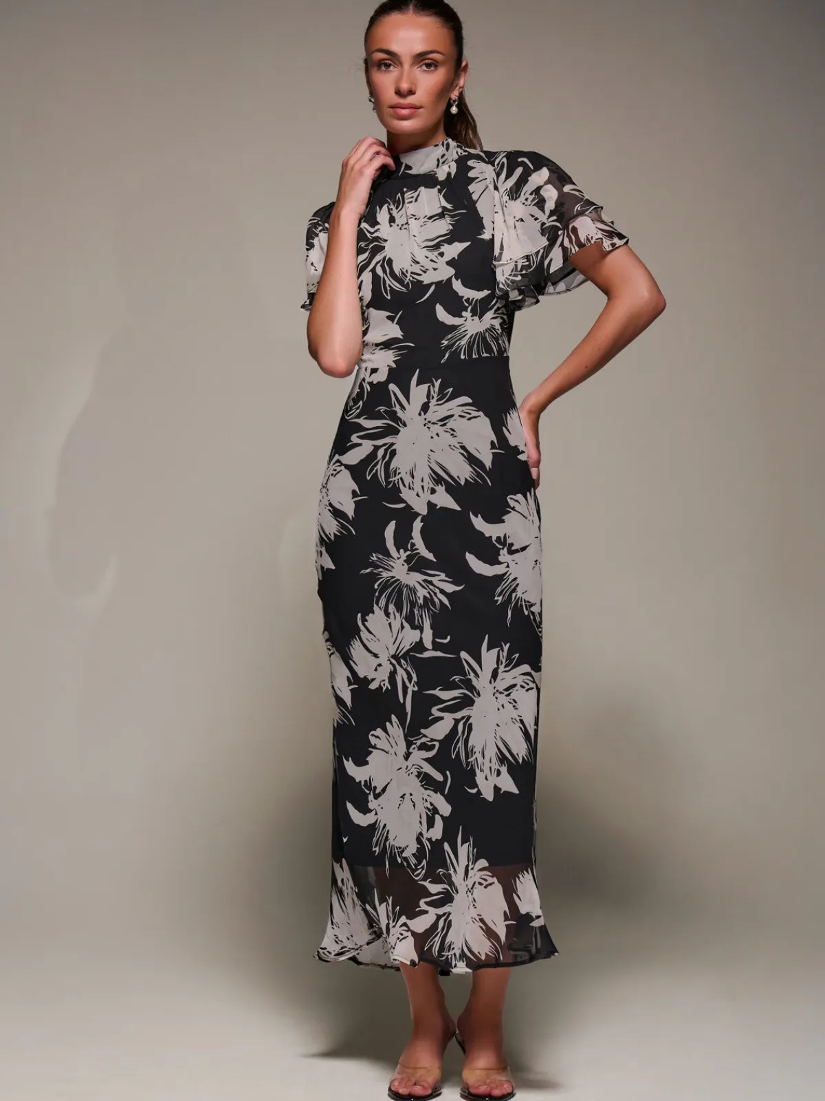 Jolie Moi Occasion Dresses|Party Dresses-High Neck Angel Sleeve Chiffon Maxi Dress, Black Abstract