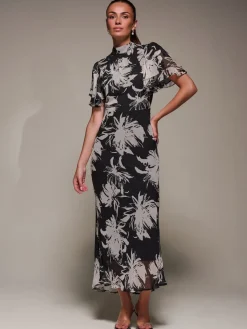 Jolie Moi Occasion Dresses|Party Dresses-High Neck Angel Sleeve Chiffon Maxi Dress, Black Abstract