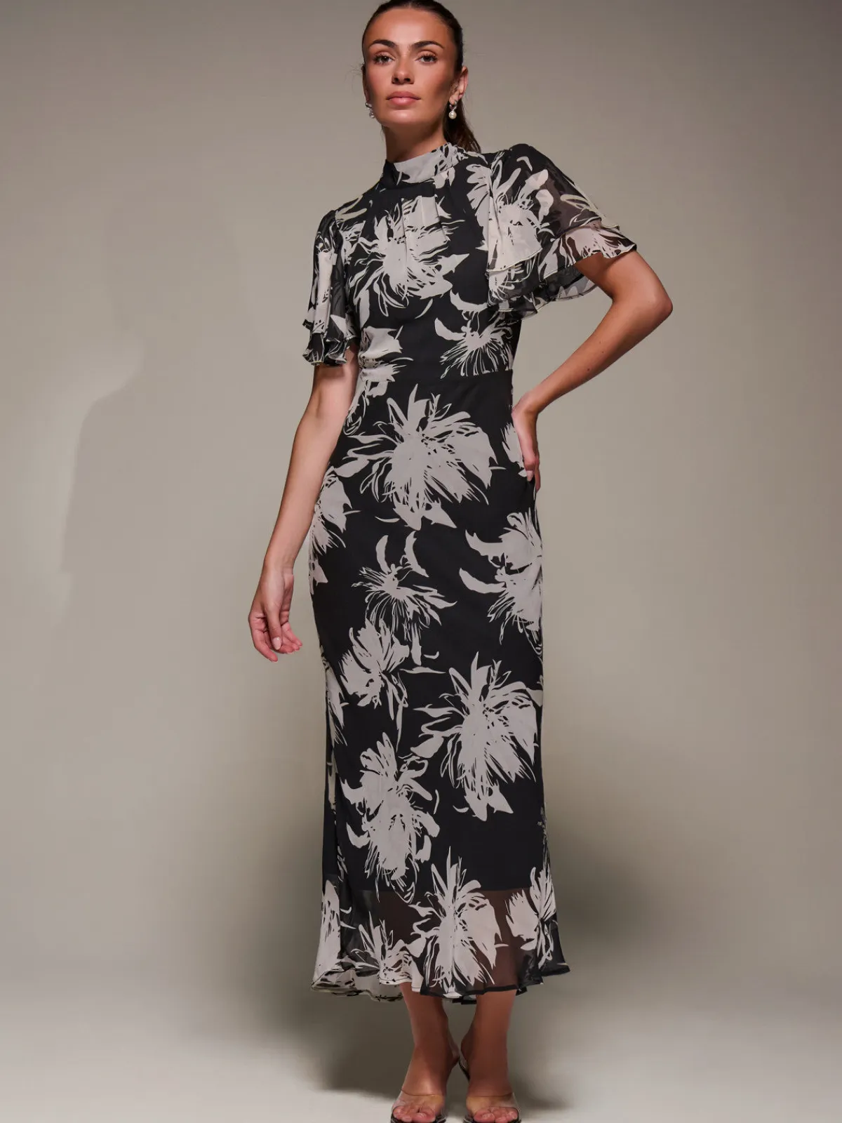 Jolie Moi Occasion Dresses|Party Dresses-High Neck Angel Sleeve Chiffon Maxi Dress, Black Abstract