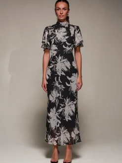 Jolie Moi Occasion Dresses|Party Dresses-High Neck Angel Sleeve Chiffon Maxi Dress, Black Abstract